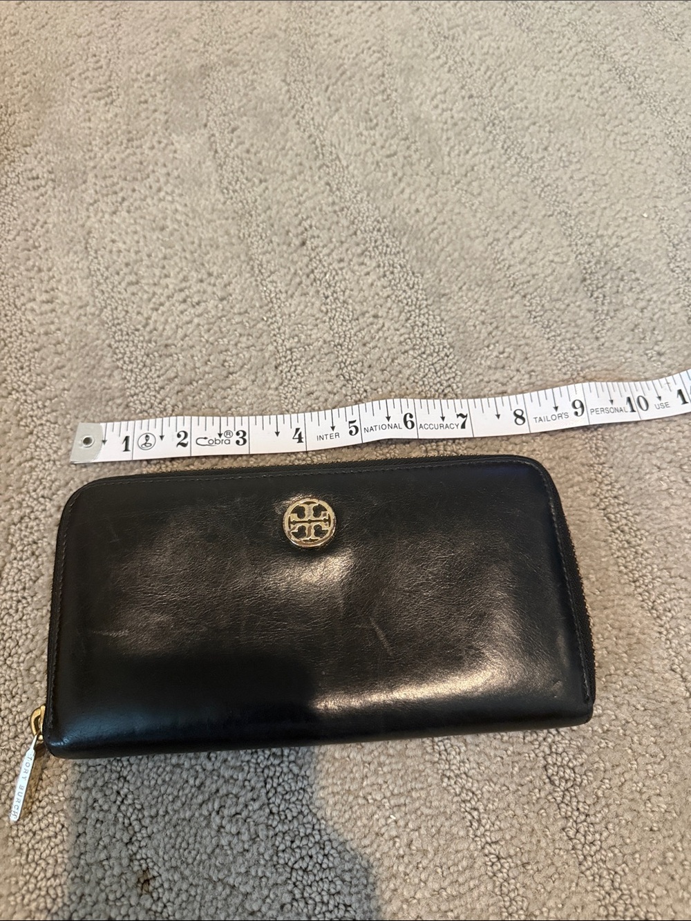 Tory Burch Black Leather Zip Wallet with Gold Logo